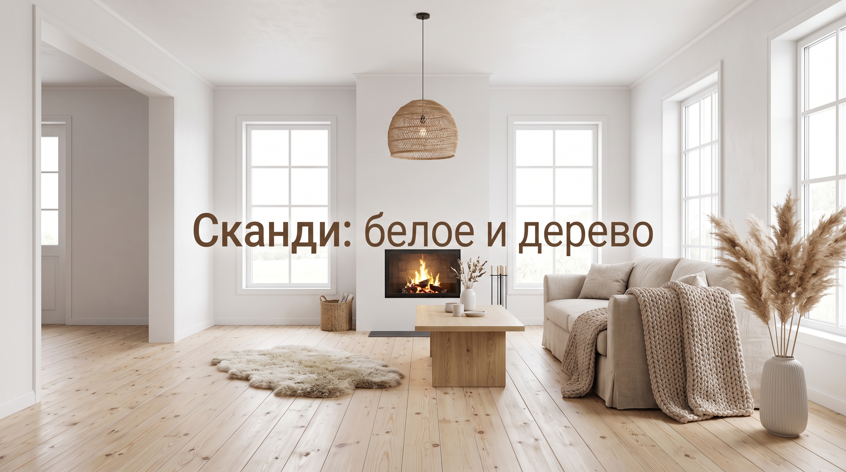 Гостиная загородного дома в скандинавском стиле — белое и светлое дерево