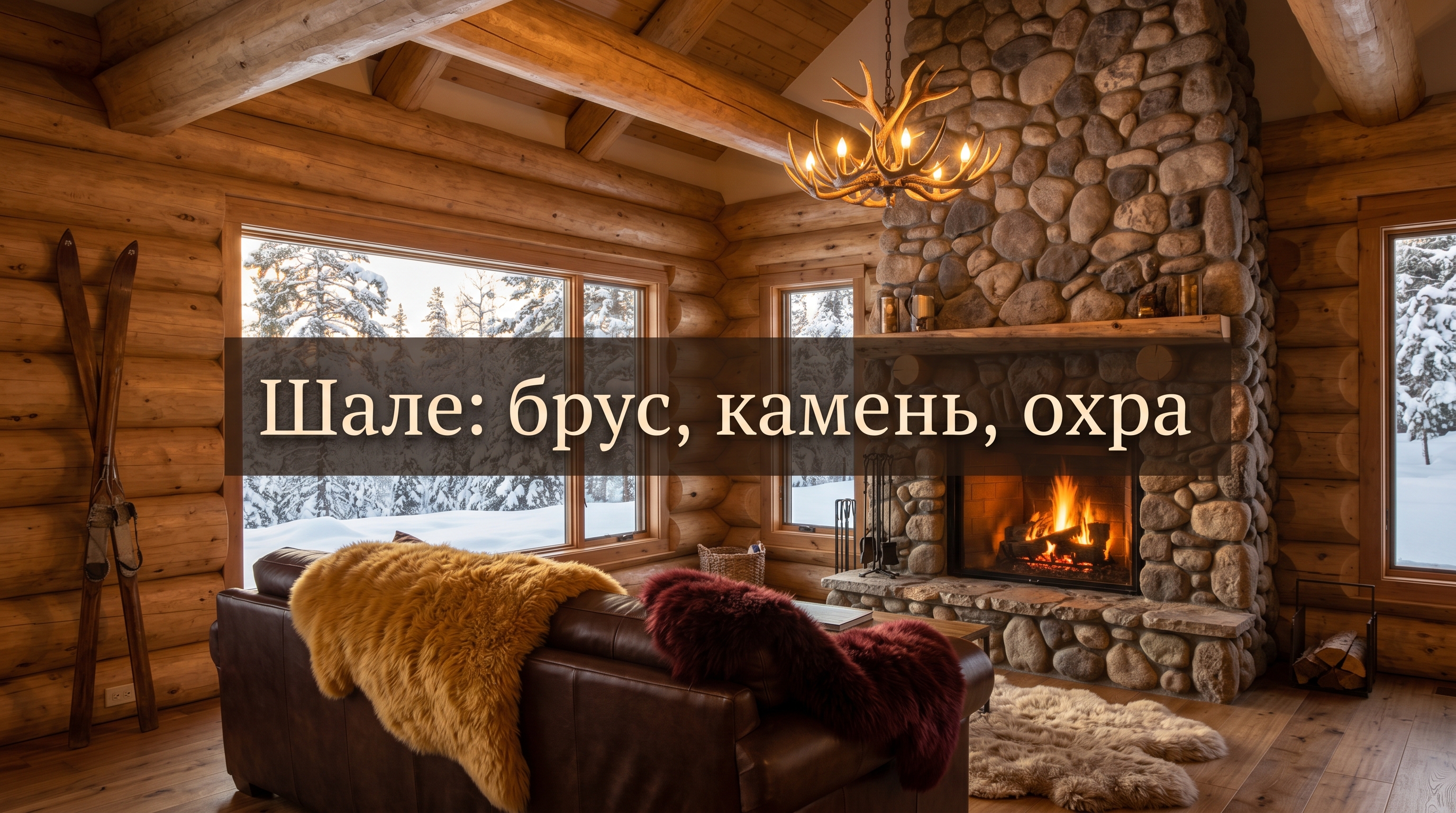 Гостиная загородного дома в стиле шале — брус, камень, охра