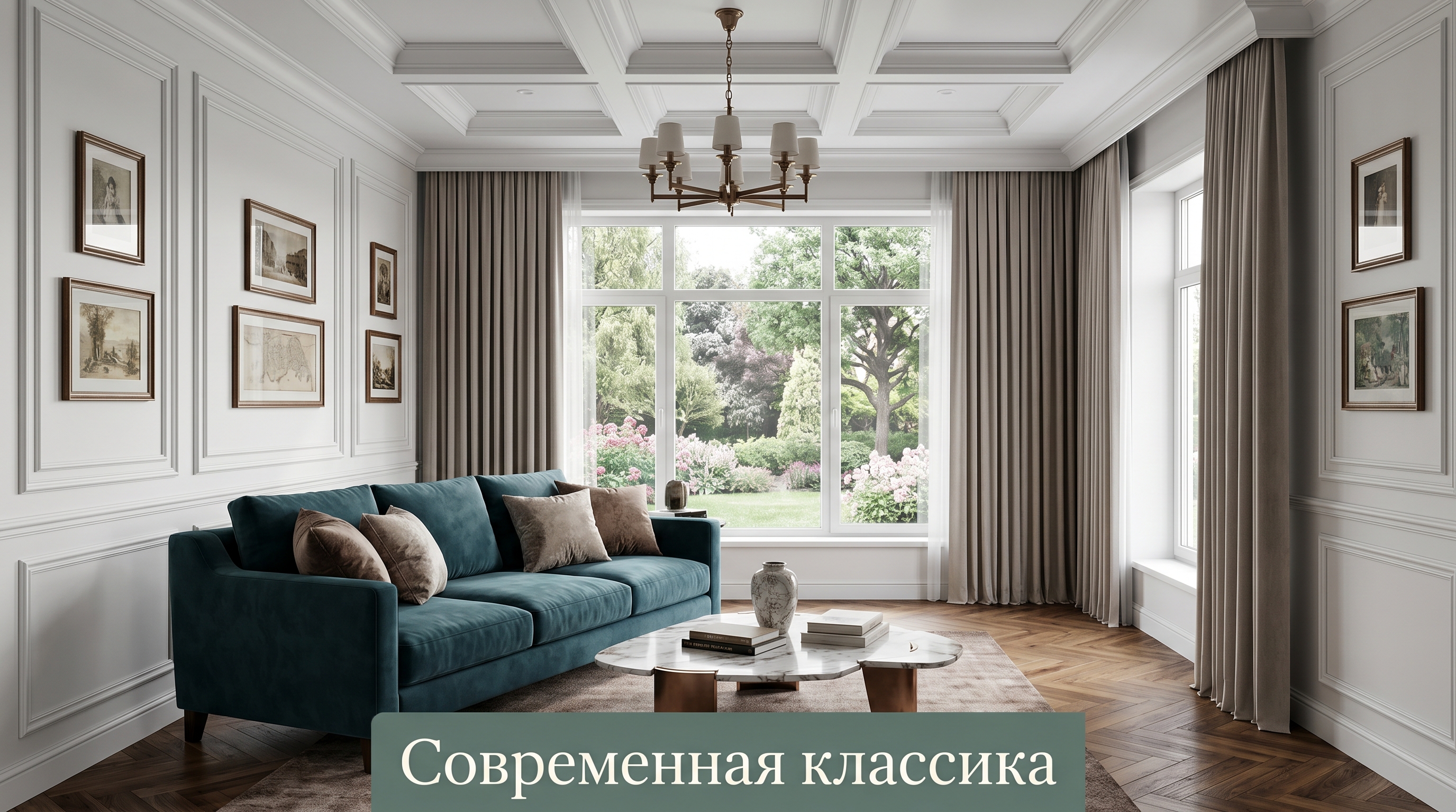 Гостиная загородного дома в современной классике — молдинги, бронза, бархат