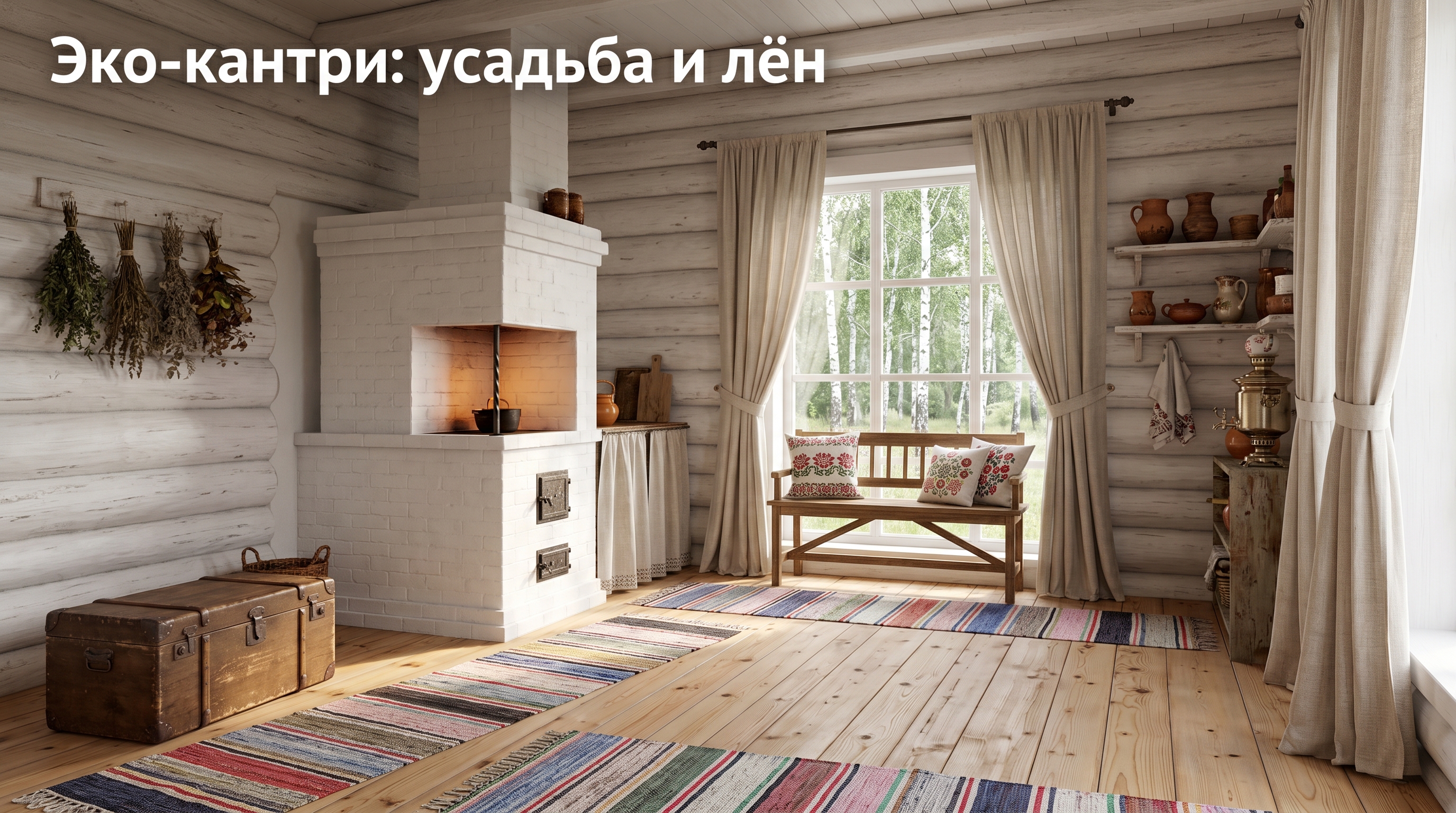 Гостиная загородного дома в стиле эко-кантри — русская усадьба, лён, печь, керамика