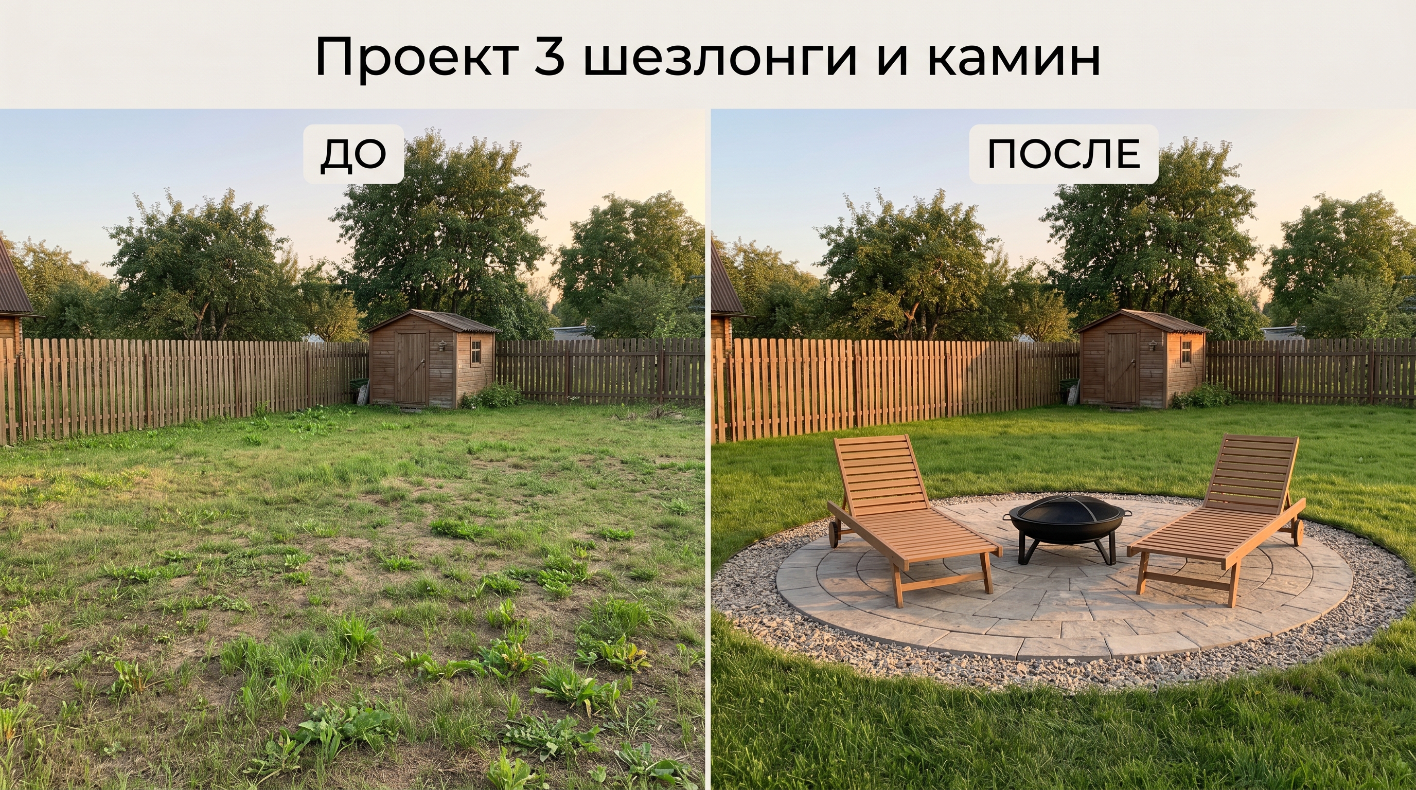 Проект 3 шезлонги и садовый камин до и после