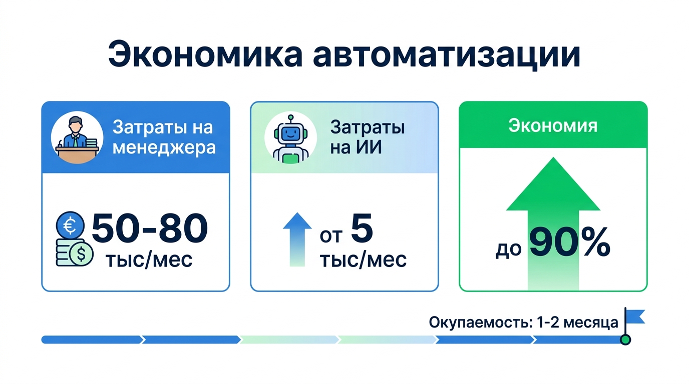 Инфографика: экономика автоматизации — затраты на менеджера 50-80 тыс/мес vs затраты на ИИ от 5 тыс/мес, экономия до 90%