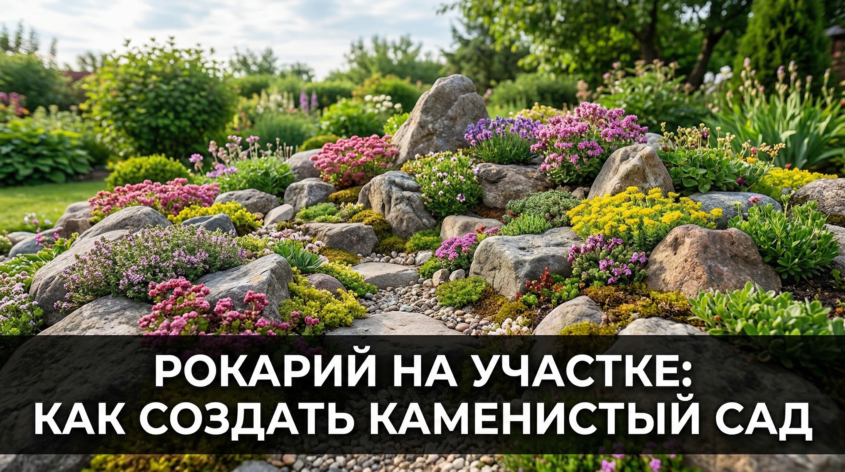 Рокарий на участке — каменистый сад с цветущими растениями среди камней
