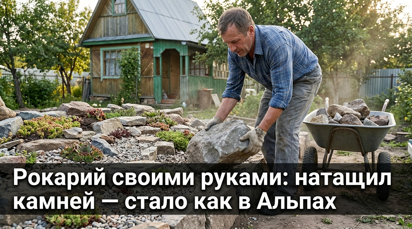 Рокарий своими руками — дачник укладывает крупный камень, рядом тачка с камнями