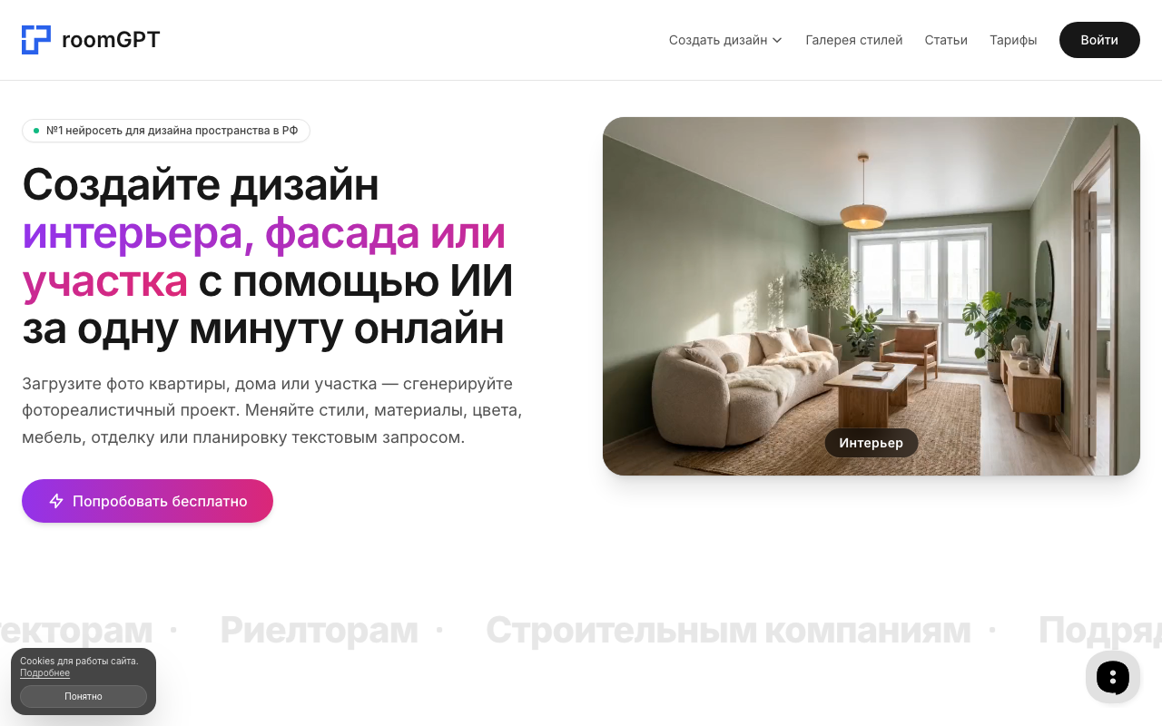 Скриншот главной страницы room-gpt.ru — генерация дизайна интерьера по фото
