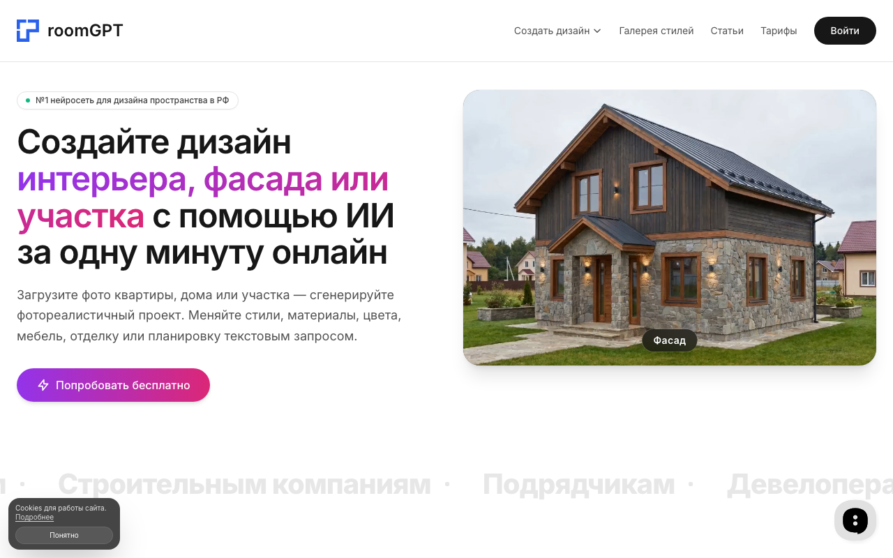 Скриншот главной страницы room-gpt.ru — ИИ-визуализация интерьера по фото