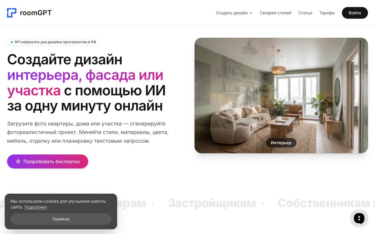 Скриншот главной страницы RoomGPT — сервис ИИ-дизайна интерьера