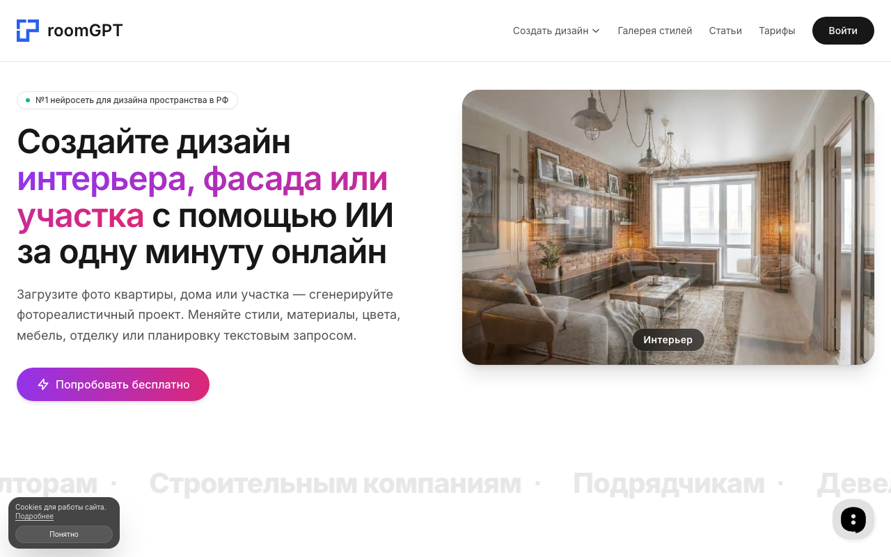 Скриншот главной страницы RoomGPT — сервис для визуализации интерьера по фото