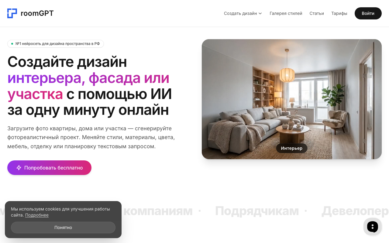 Скриншот главной страницы room-gpt.ru — сервис AI-визуализации кухни