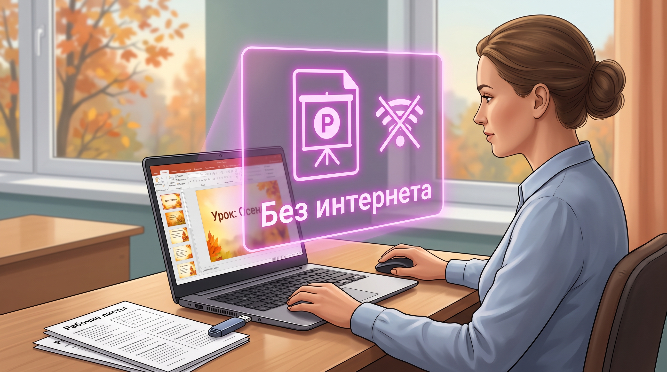 Учитель открывает файл презентации на ноутбуке, рядом флешка и распечатанные рабочие листы