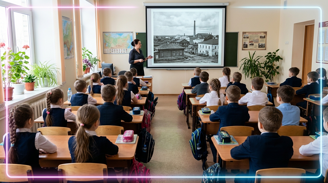 Учитель показывает ученикам старую фотографию местного здания на экране в классе