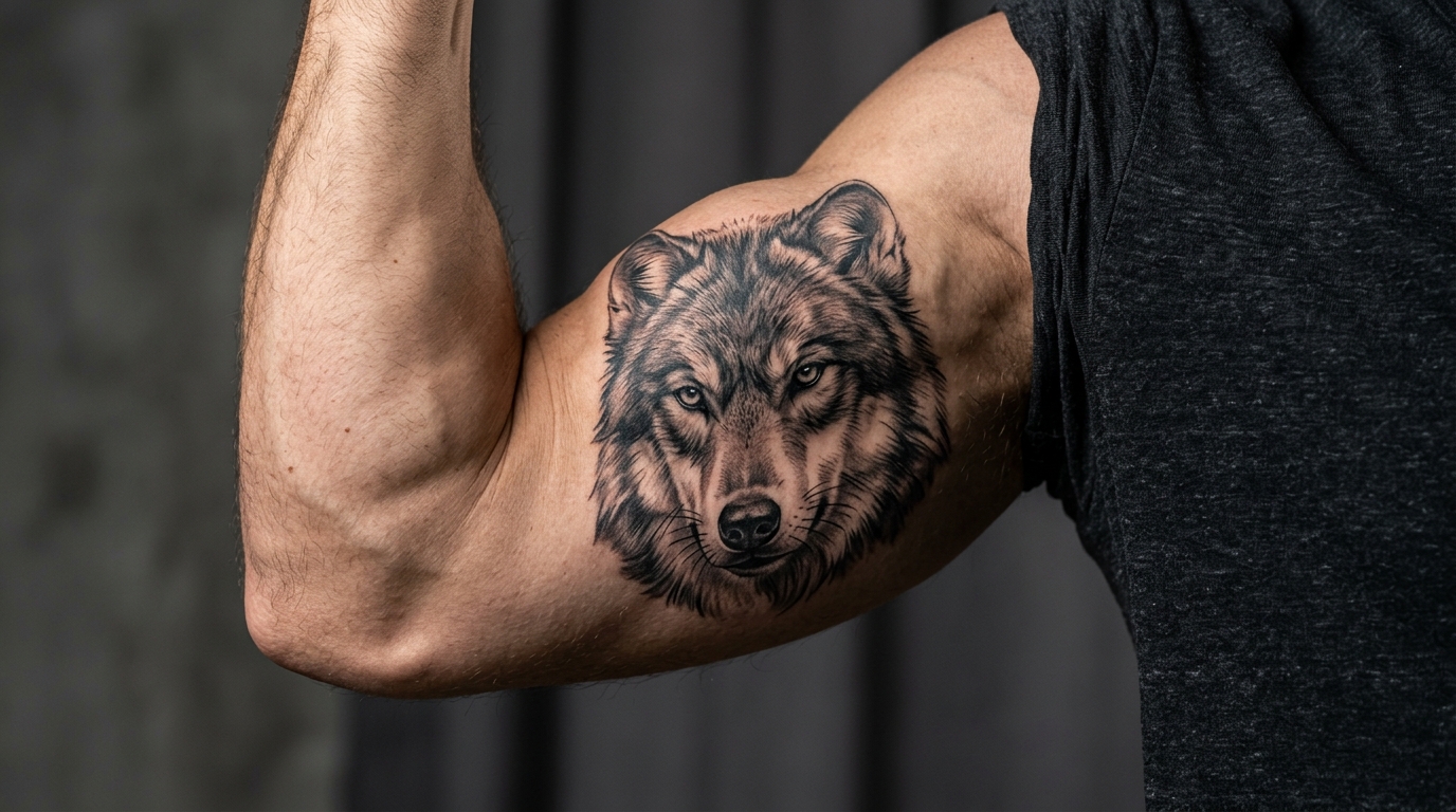 Мужское тату на бицепс — волк в стиле реализм
