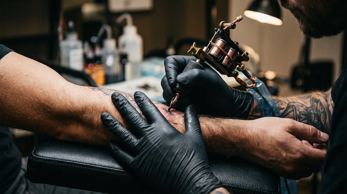 Сеанс татуировки рукава — мастер работает с предплечьем клиента