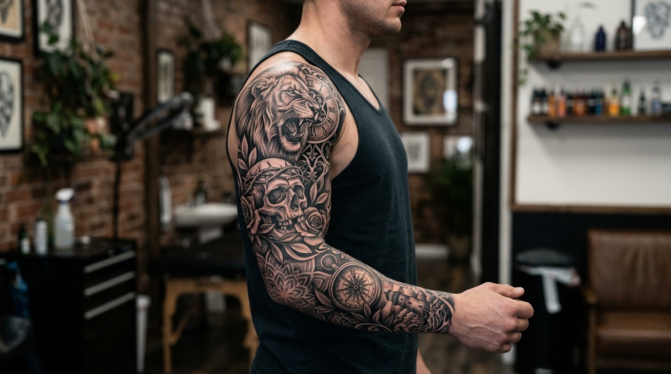 Пример цельной композиции мужского рукава с переходами между зонами