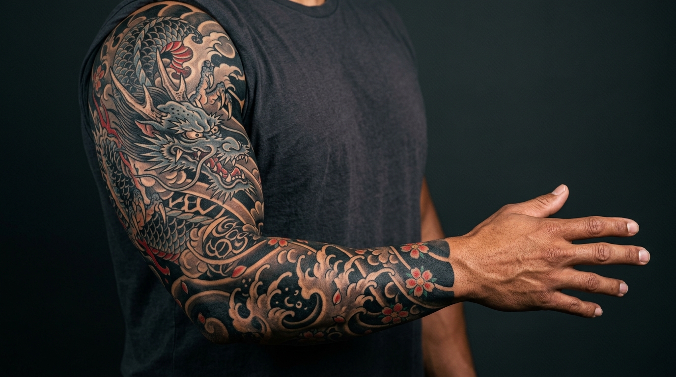 Полный мужской рукав в японском стиле с драконом и сакурой