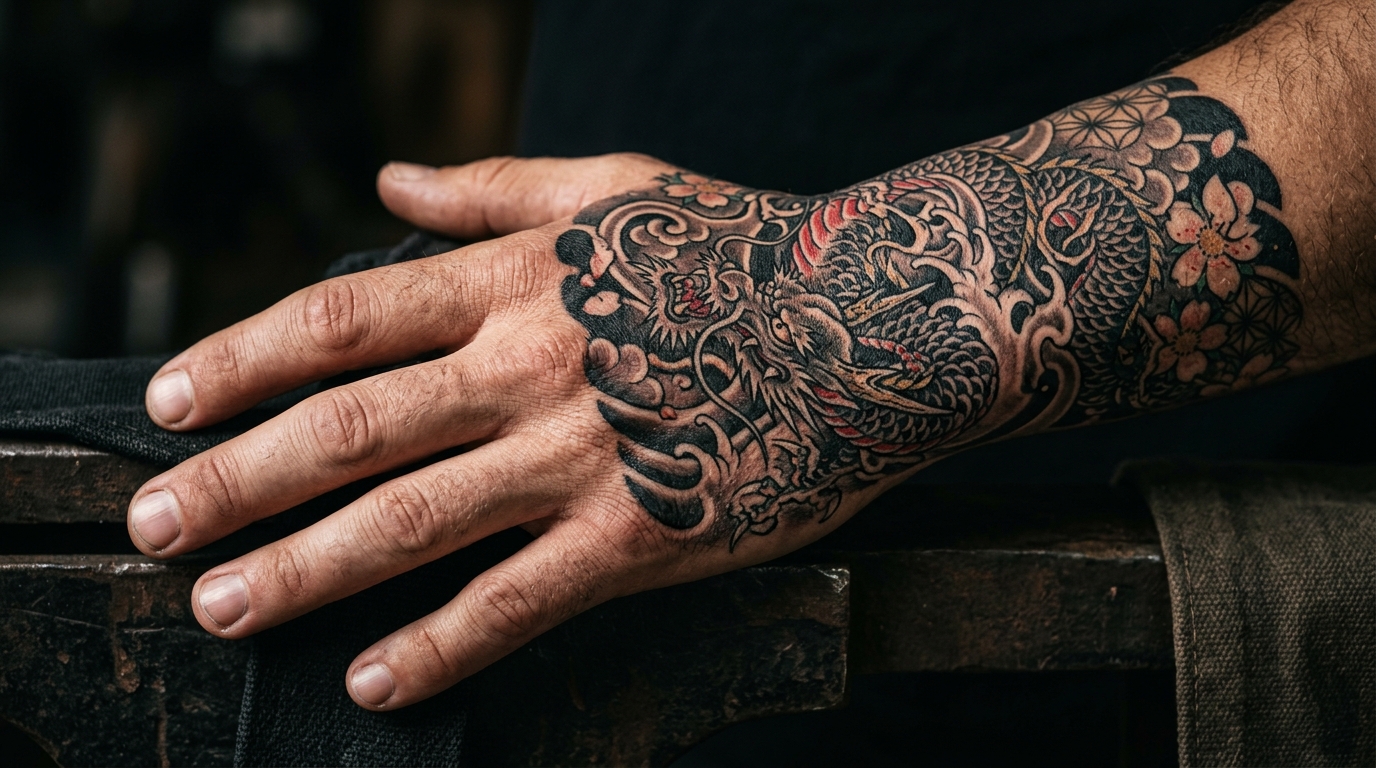 Мужская манжета тату на кисти и запястье в японском стиле