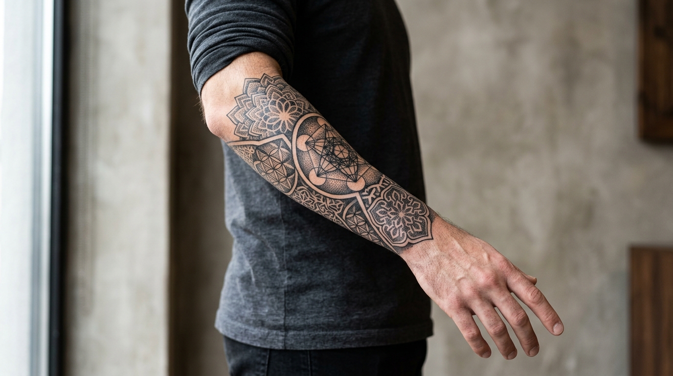 Мужской полурукав от локтя до запястья в стиле геометрия и блэкворк