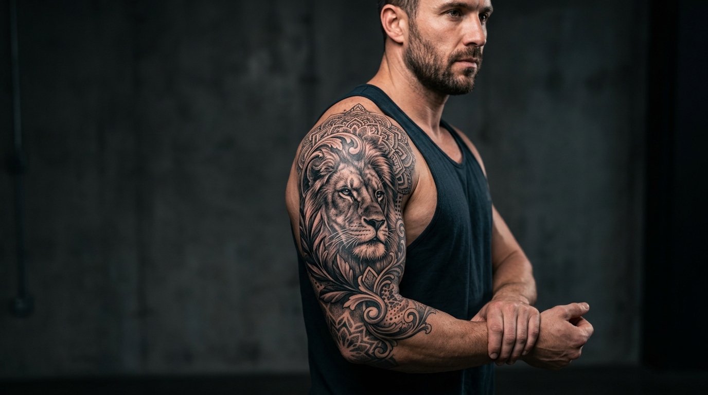 Мужской полурукав от плеча до локтя с портретом льва в стиле реализм