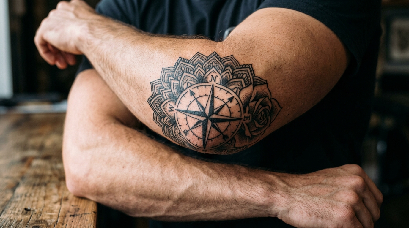 Тату на локоть — мандала с розой и компасом