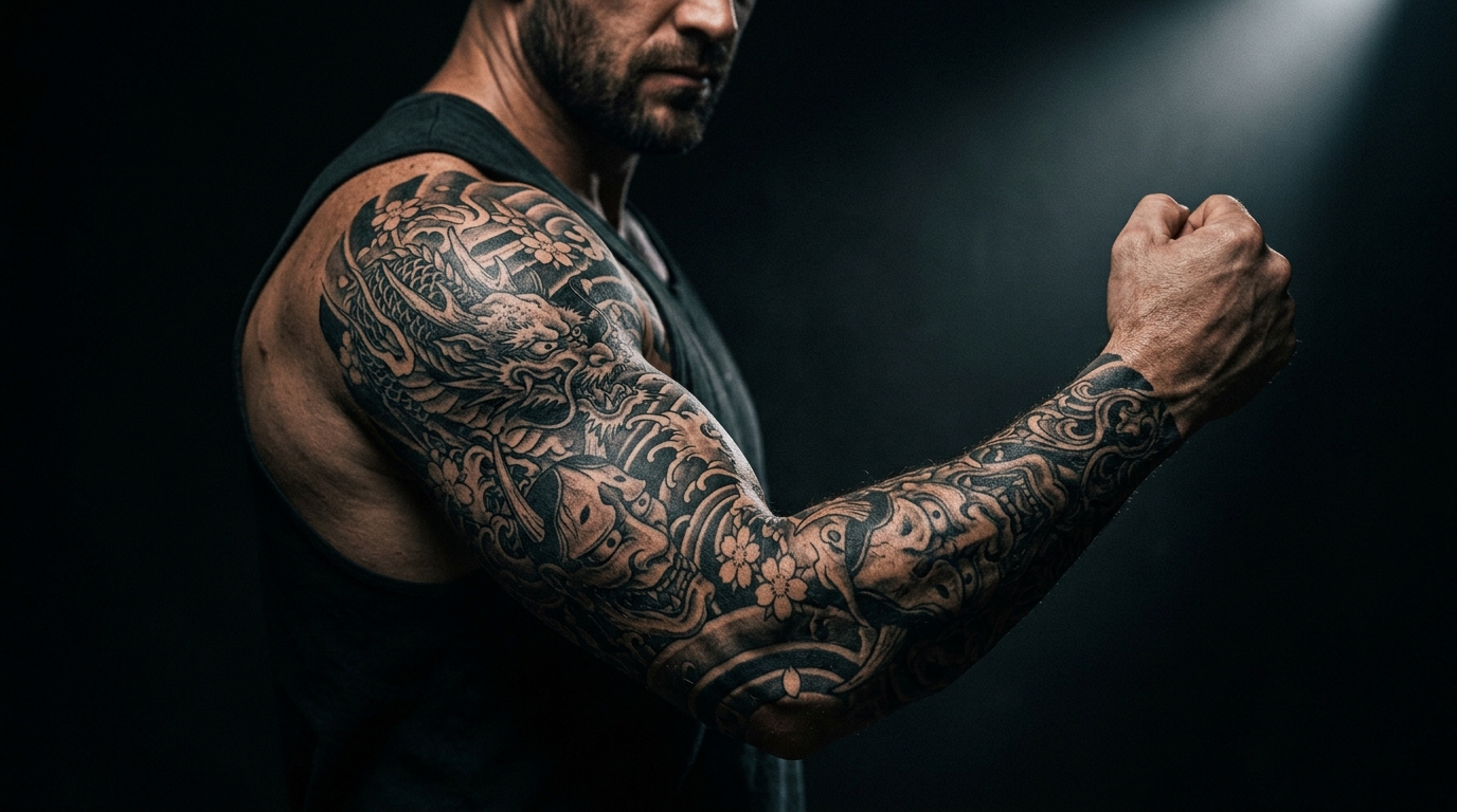 Тату рукав для мужчин: японский стиль с драконом от плеча до запястья