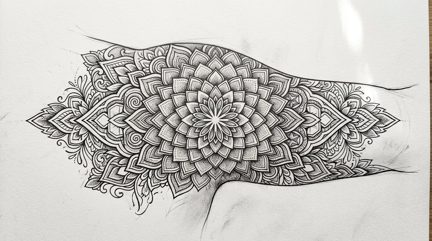 Эскиз тату на плечо — мандала с геометрическими узорами