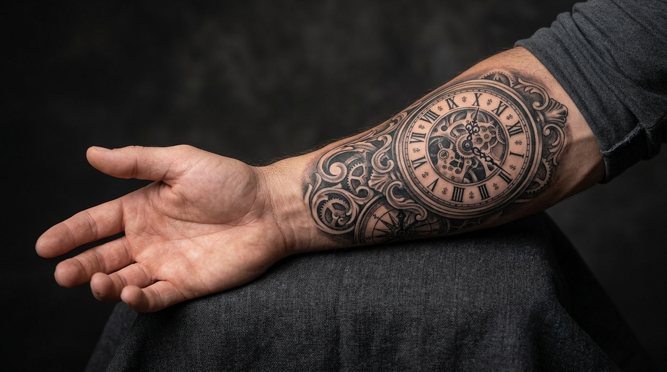 Тату на предплечье — реалистичные часы с римскими цифрами