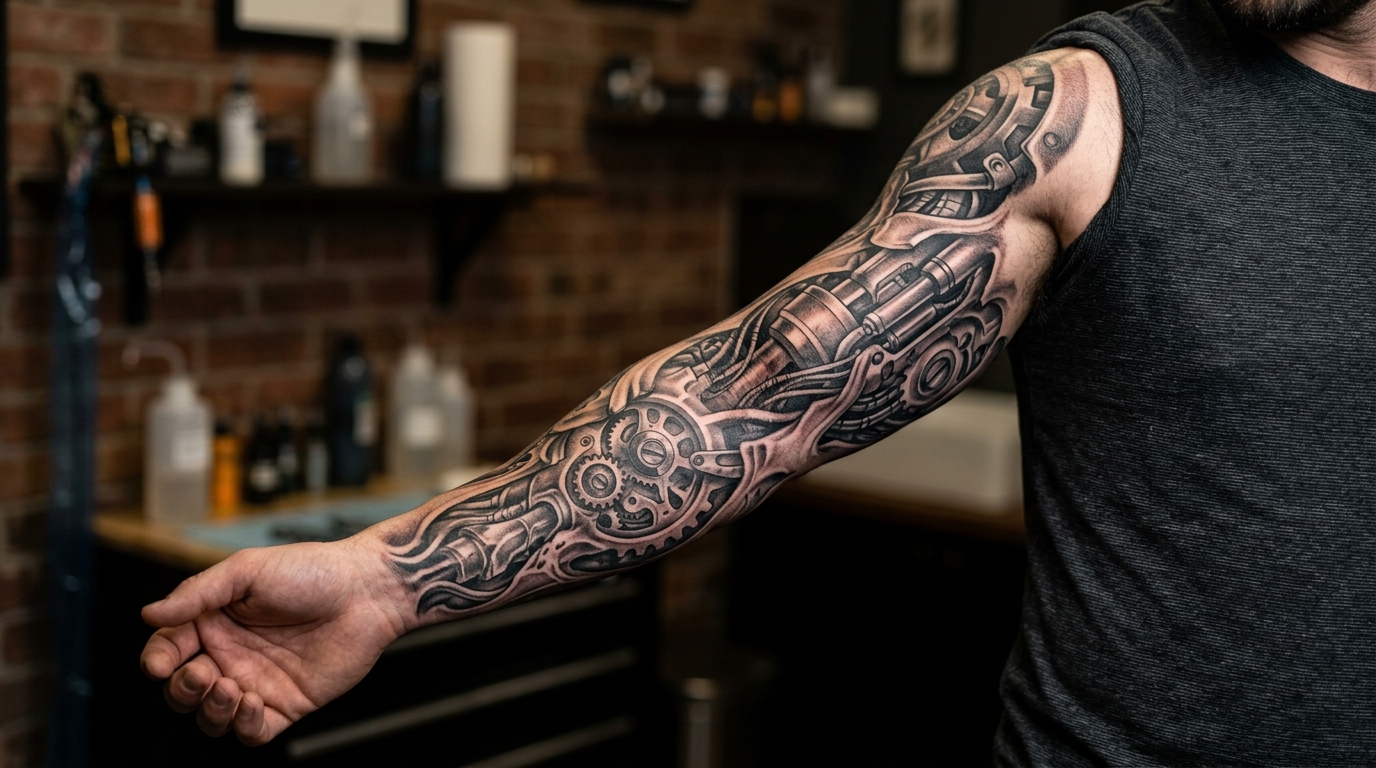 Мужской рукав в стиле биомеханика с шестернями