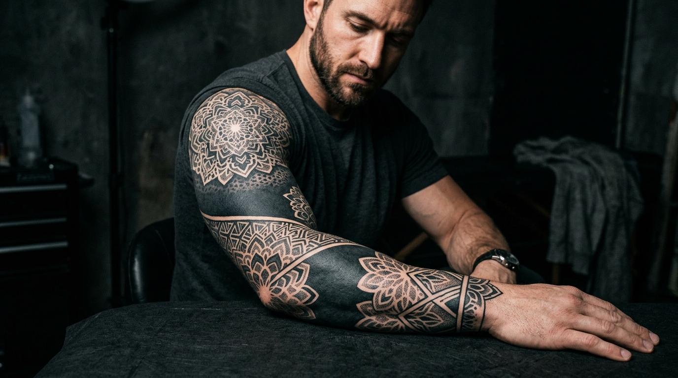 Мужской рукав в стиле блэкворк со сплошной заливкой и негативными узорами