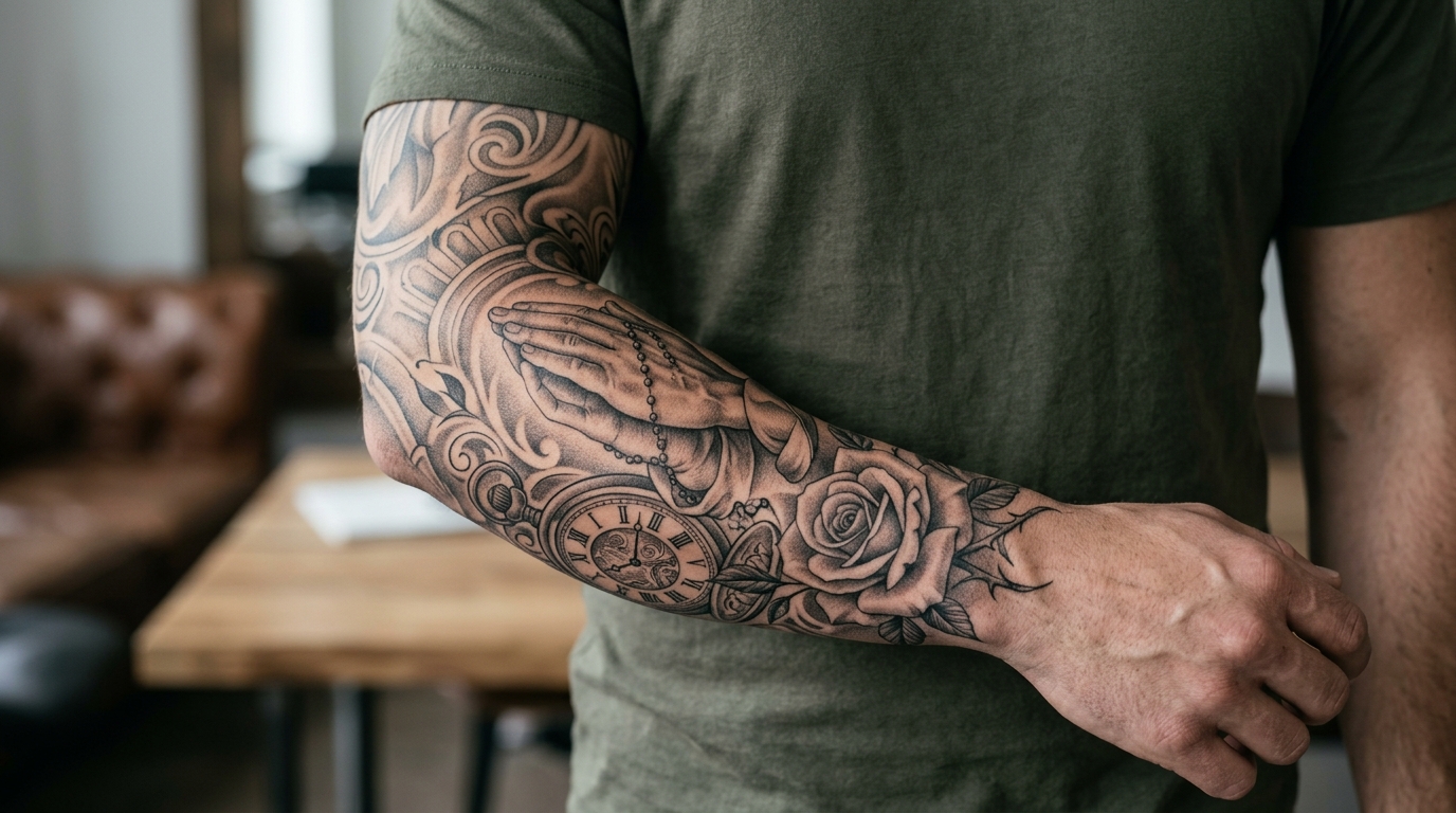 Мужской рукав в стиле чикано с розой и часами