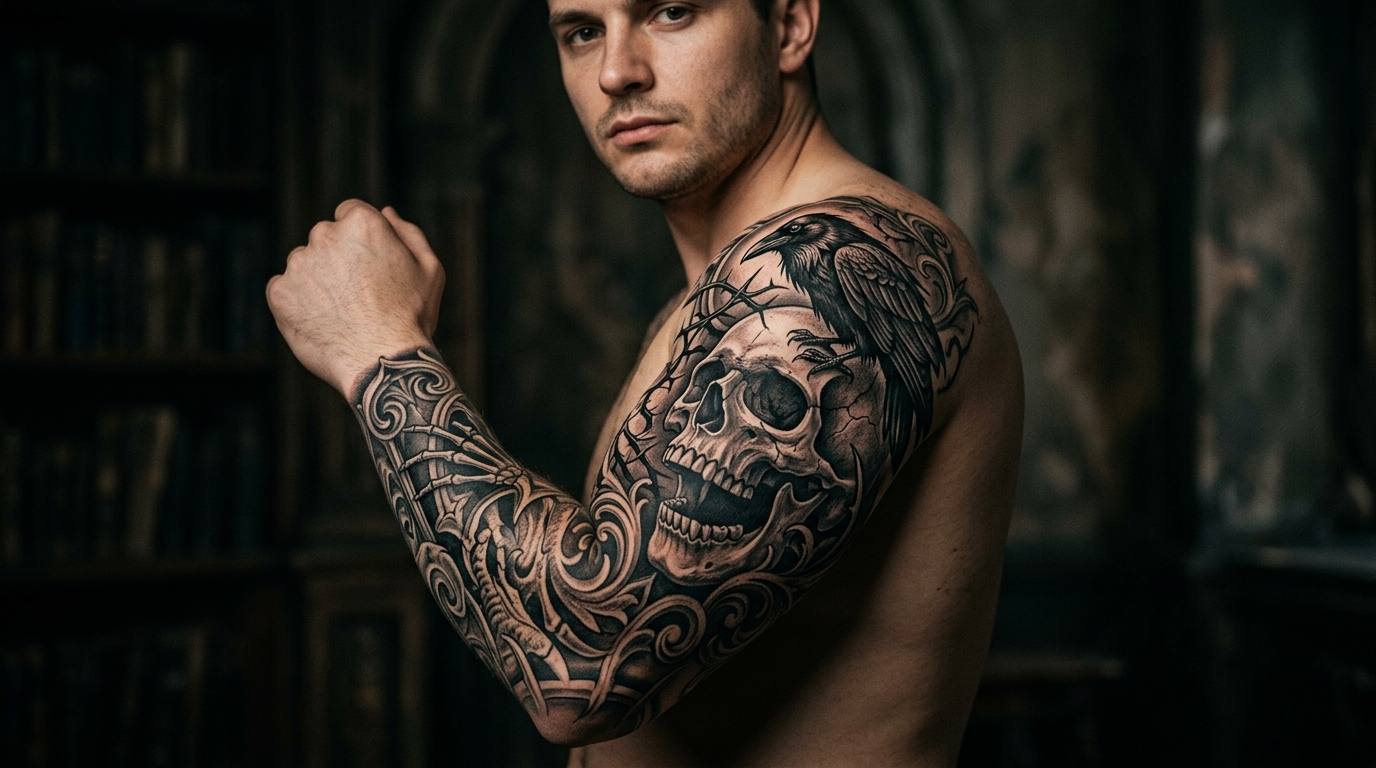 Мужской рукав в стиле дарк-арт с черепом и готическими элементами