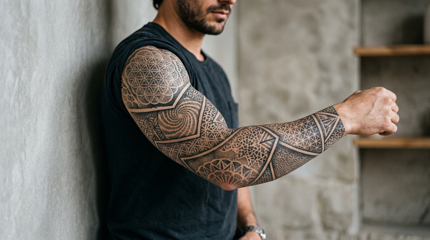 Мужской рукав в стиле геометрия и дотворк со священной геометрией
