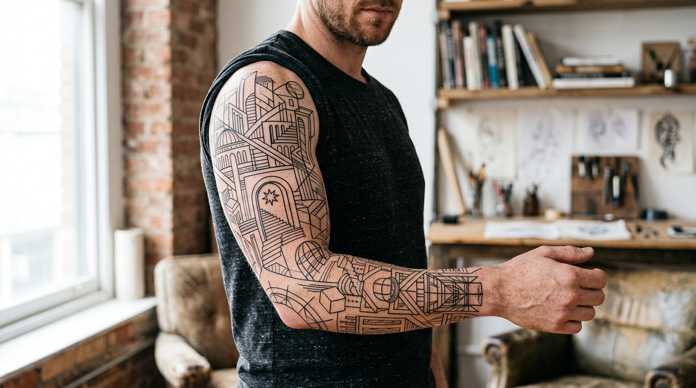 Мужской рукав в стиле графика с минималистичными архитектурными элементами