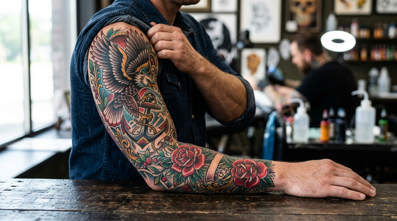 Мужской рукав в стиле неотрэдишнл с орлом и розами