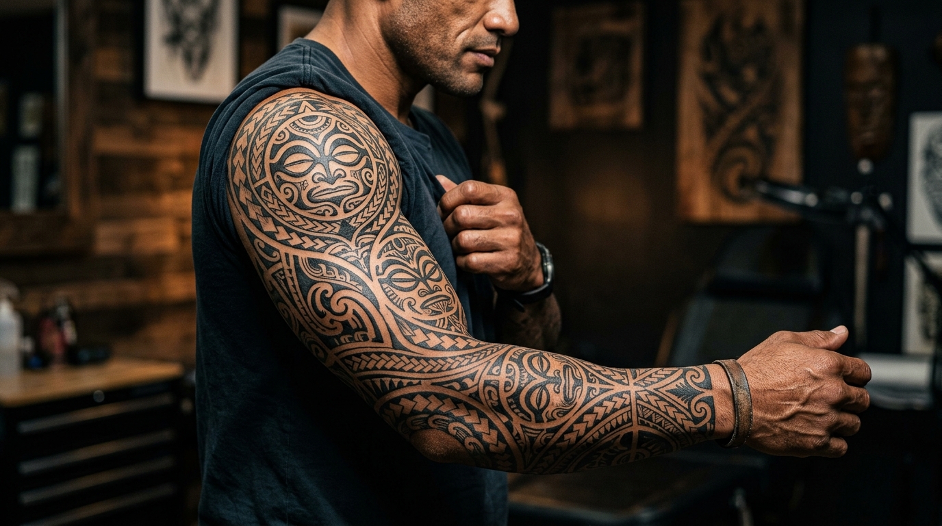Мужской рукав в стиле полинезия с племенными узорами