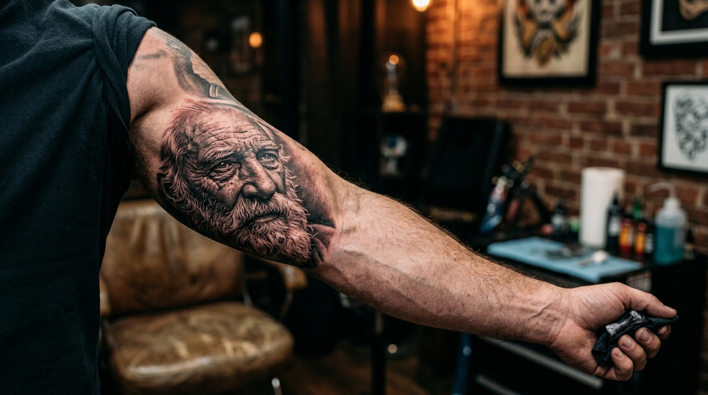 Мужской рукав в стиле реализм — портрет мудрого старика