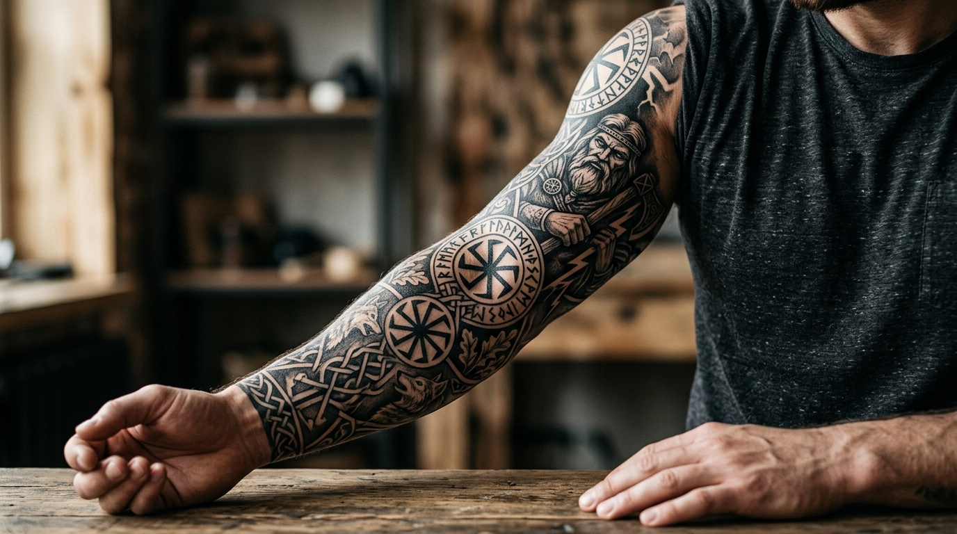 Мужской рукав в славянском стиле с Перуном и рунами