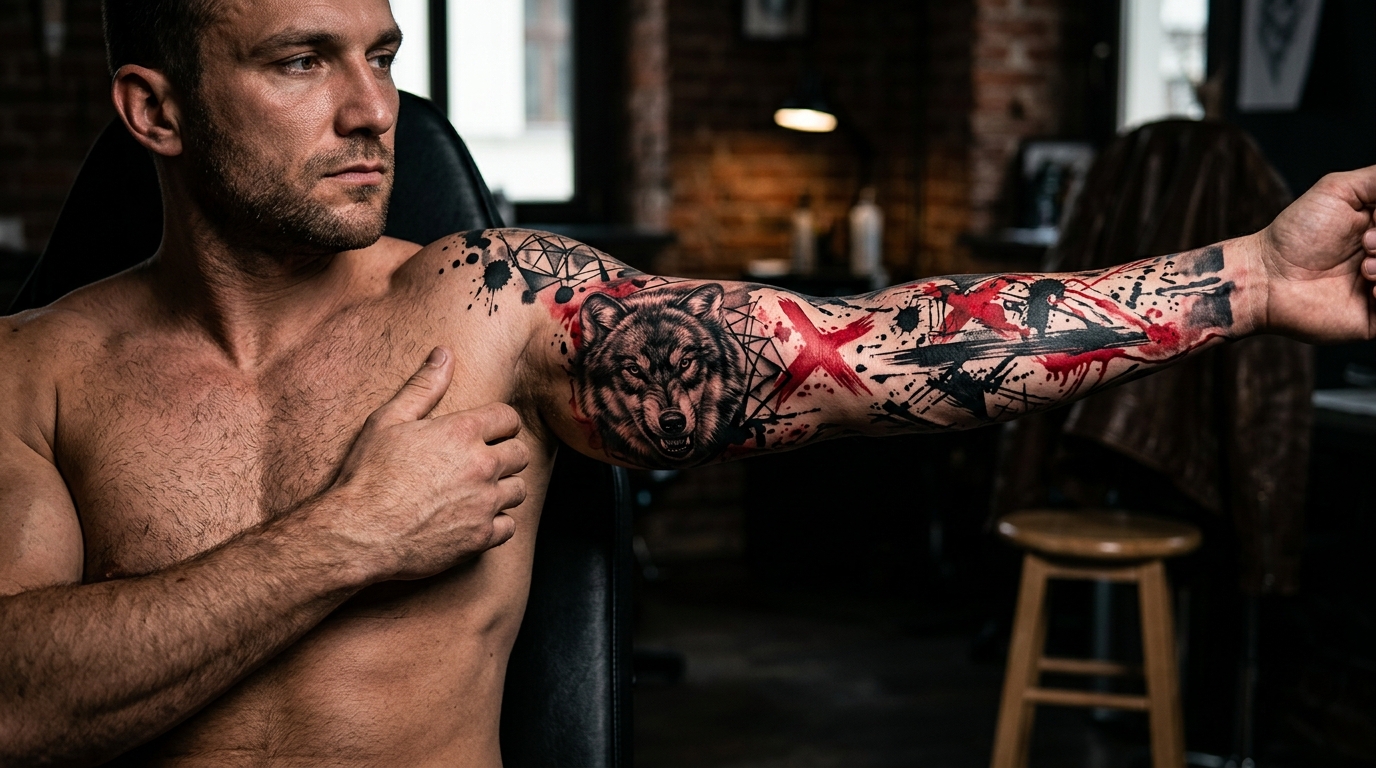 Мужской рукав в стиле треш-полька с красно-чёрной композицией