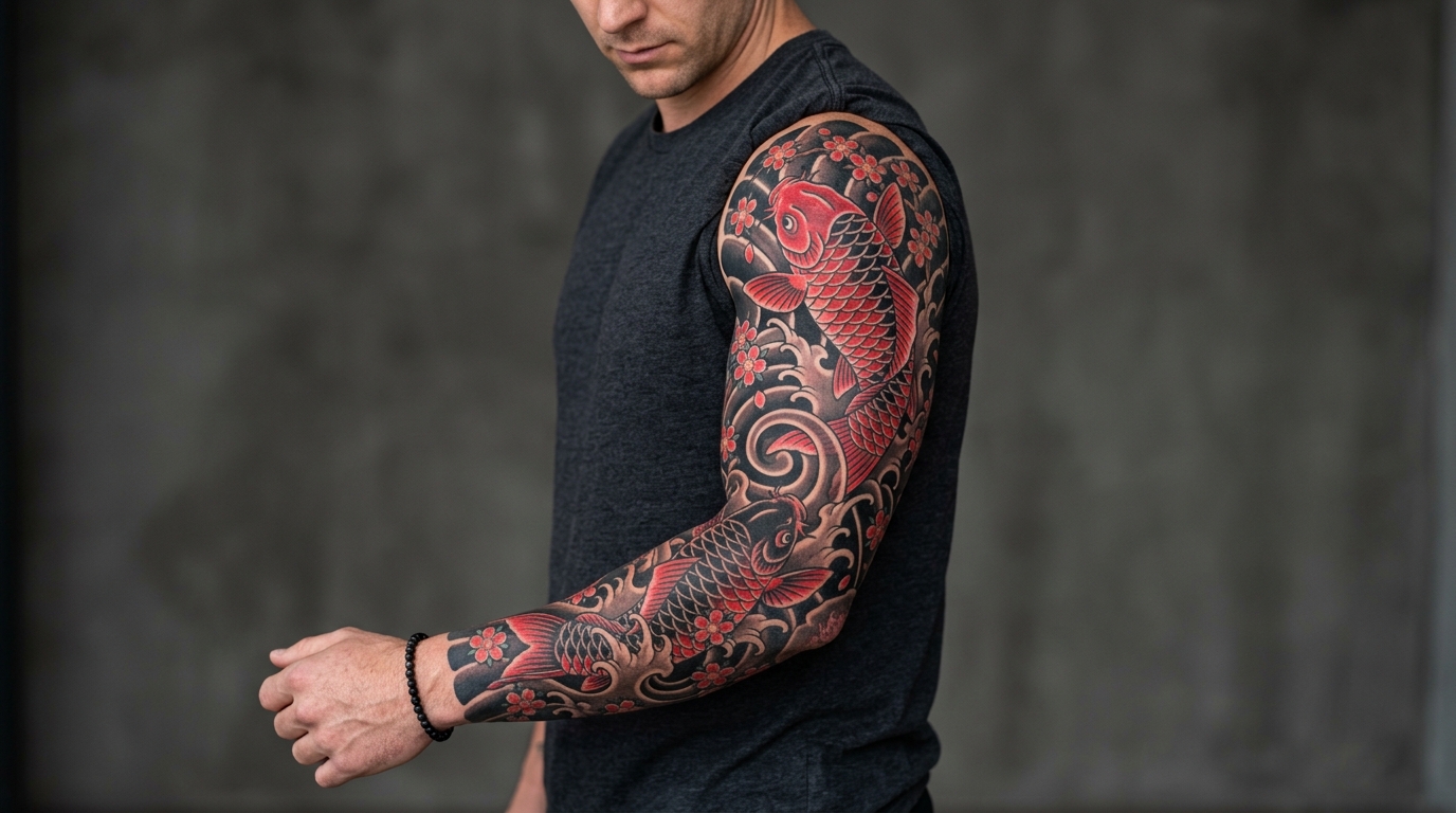 Японский мужской рукав с карпом кои и волнами