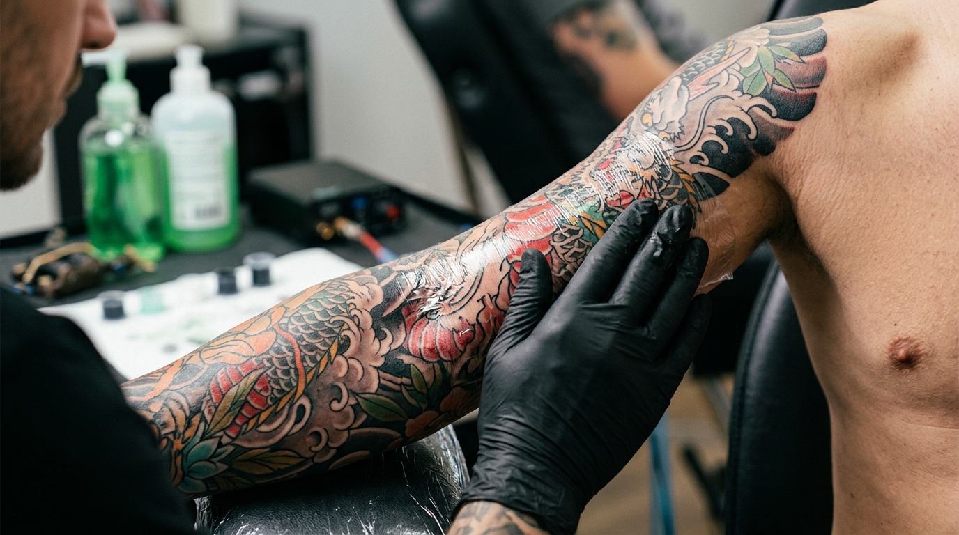 Уход за татуировкой — мастер заматывает свежий рукав защитной плёнкой