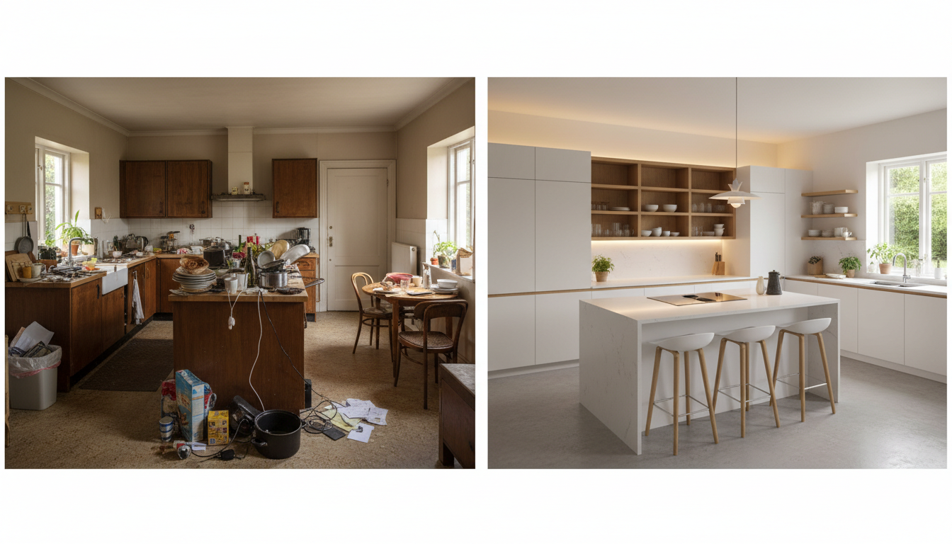 Кухня до и после — слева старая кухня с хаосом, справа красивый современный дизайн