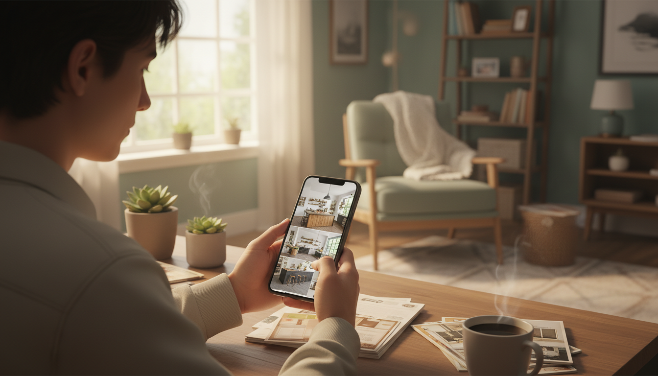 Человек сидит с телефоном и выбирает варианты дизайна кухни