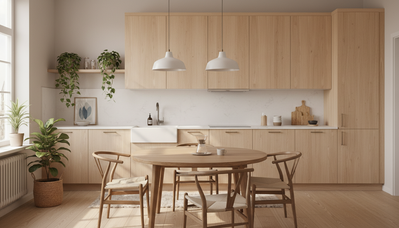 Кухня в скандинавском стиле — светлое дерево, белые стены, подвесные светильники