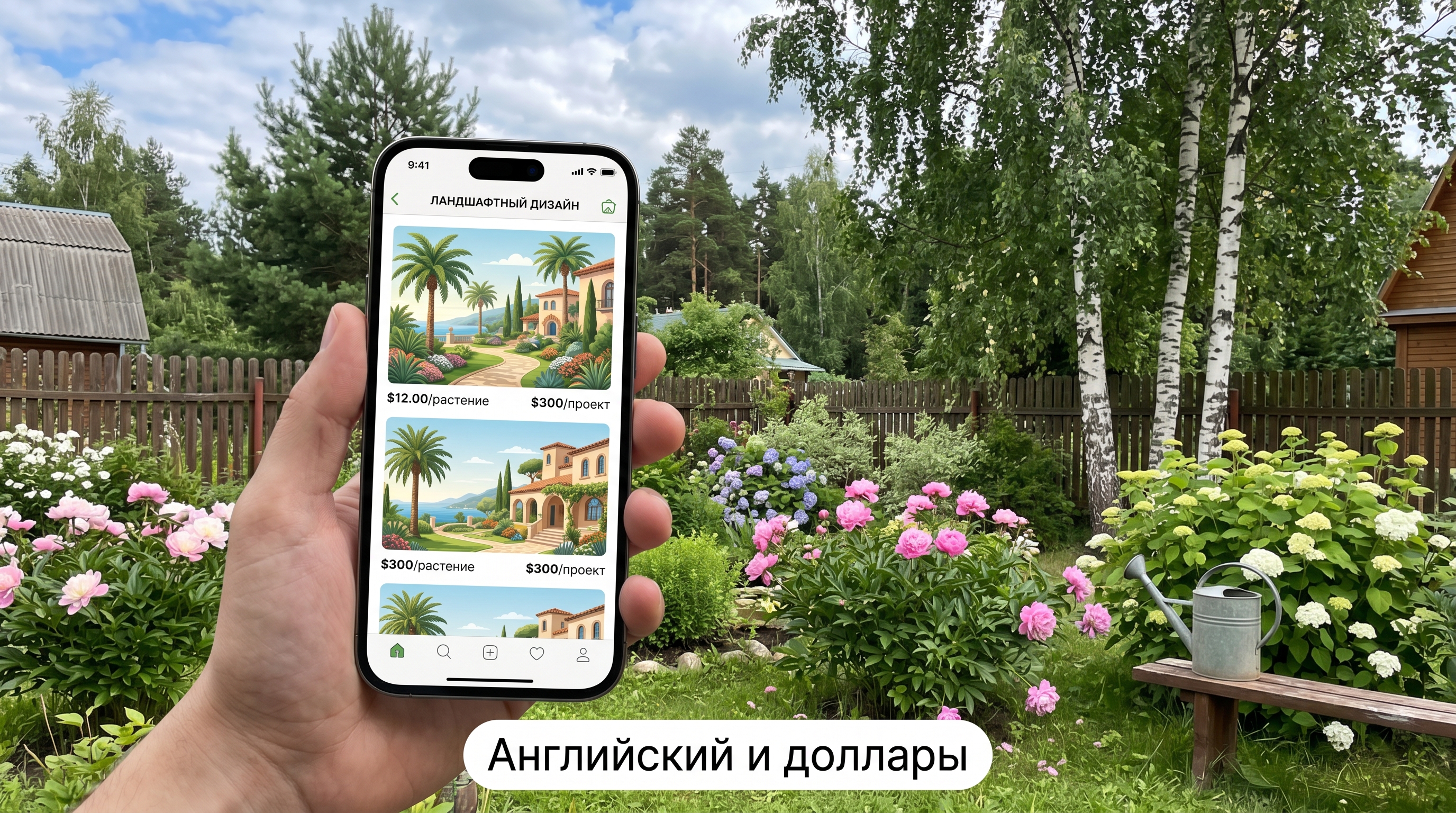 Зарубежное приложение для ландшафта: английский и доллары