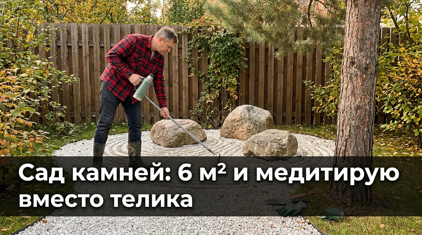 Сад камней своими руками — дачник разравнивает граблями белый гравий вокруг валунов в углу участка