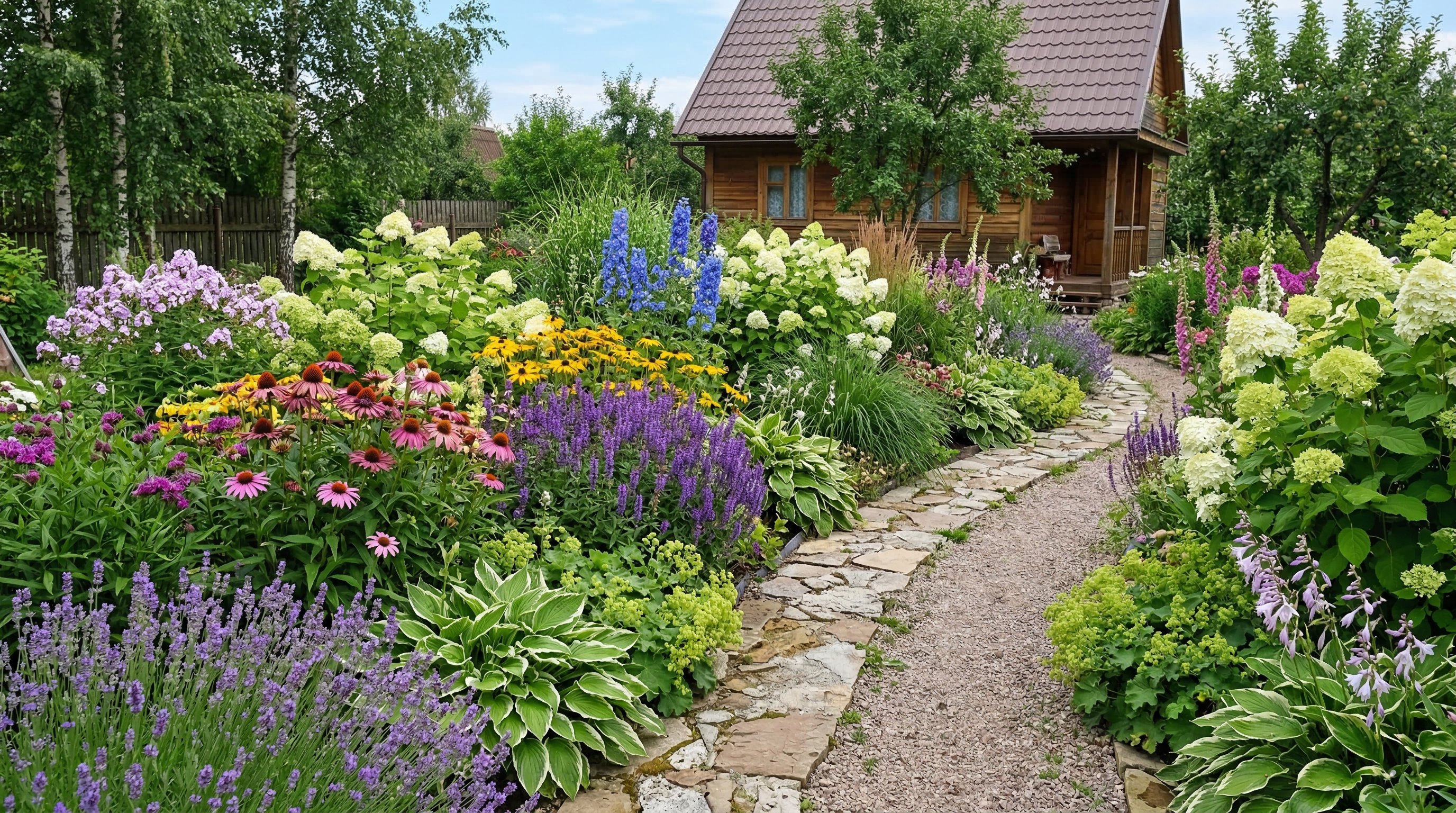 Миксбордер вдоль садовой дорожки — многоярусная посадка: гортензии, лаванда, эхинацея, хосты