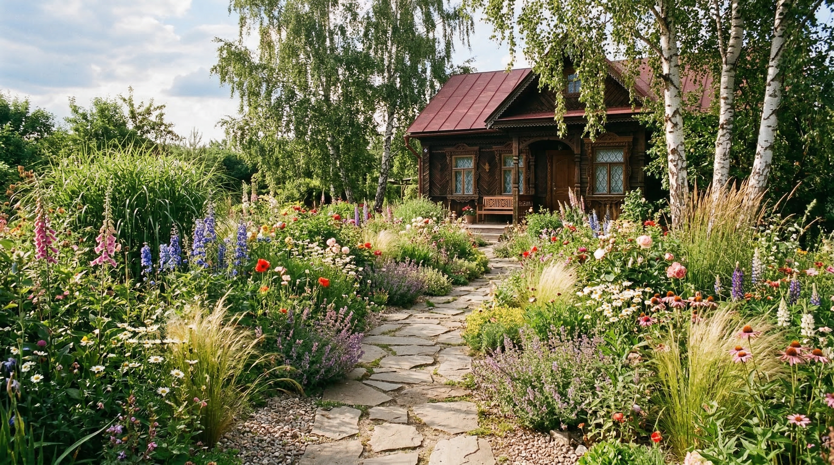 Природный сад — извилистые тропинки, полевые цветы, декоративные травы, берёзы