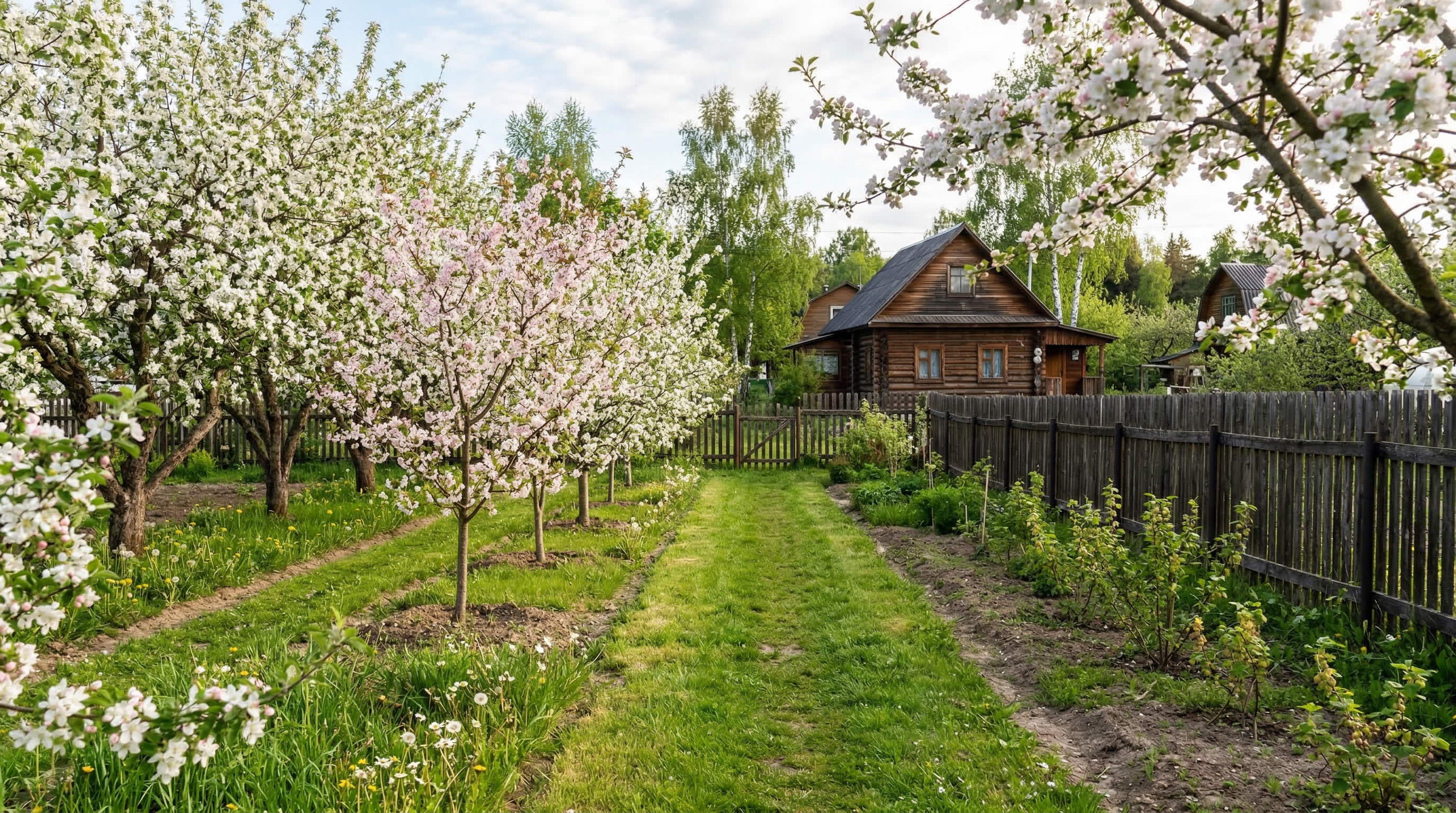 Плодовый сад — цветущие яблони и вишни в ровных рядах, зелёная трава между деревьями