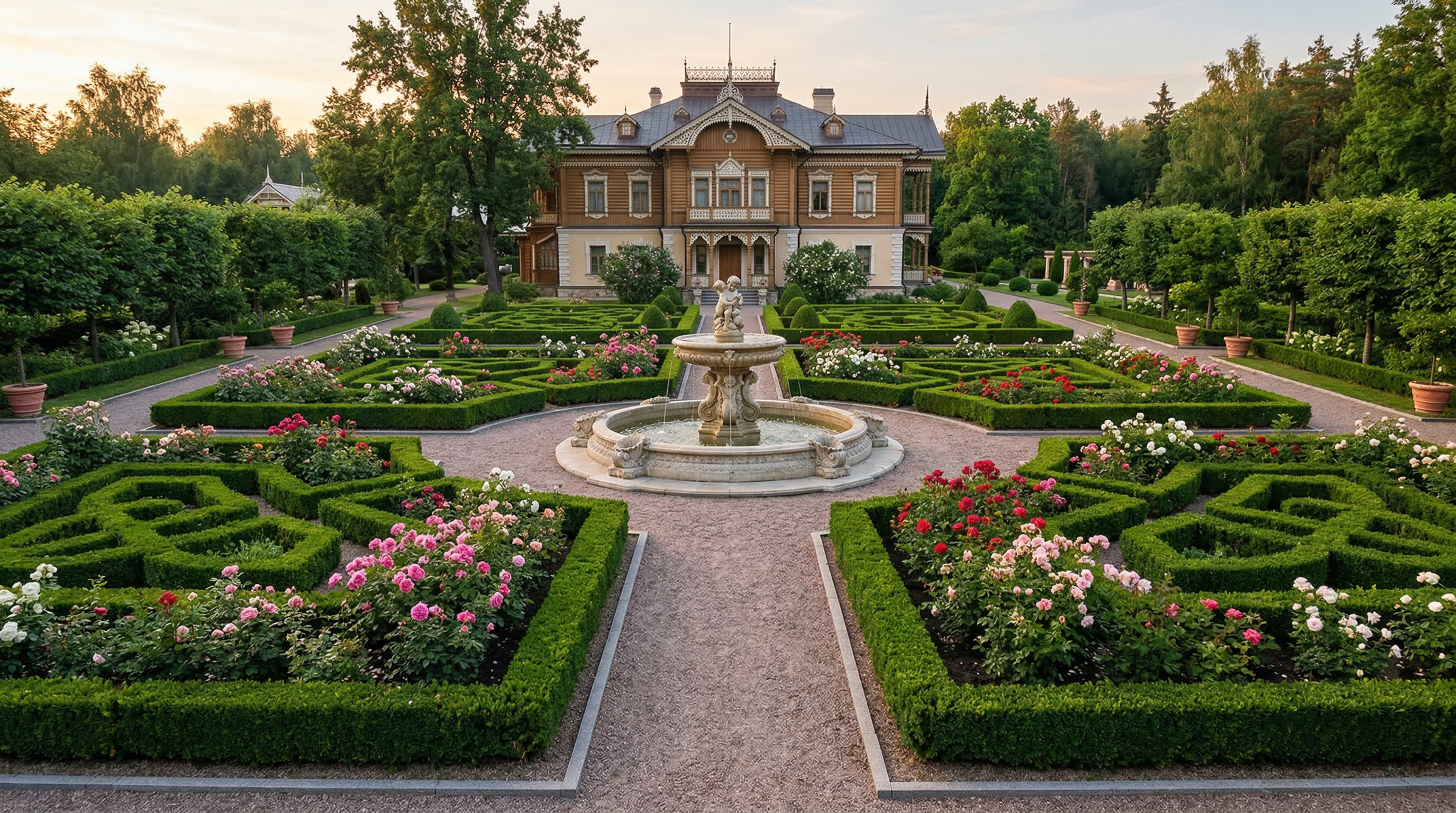 Регулярный сад — симметричные живые изгороди, геометрические дорожки, фонтан, розы