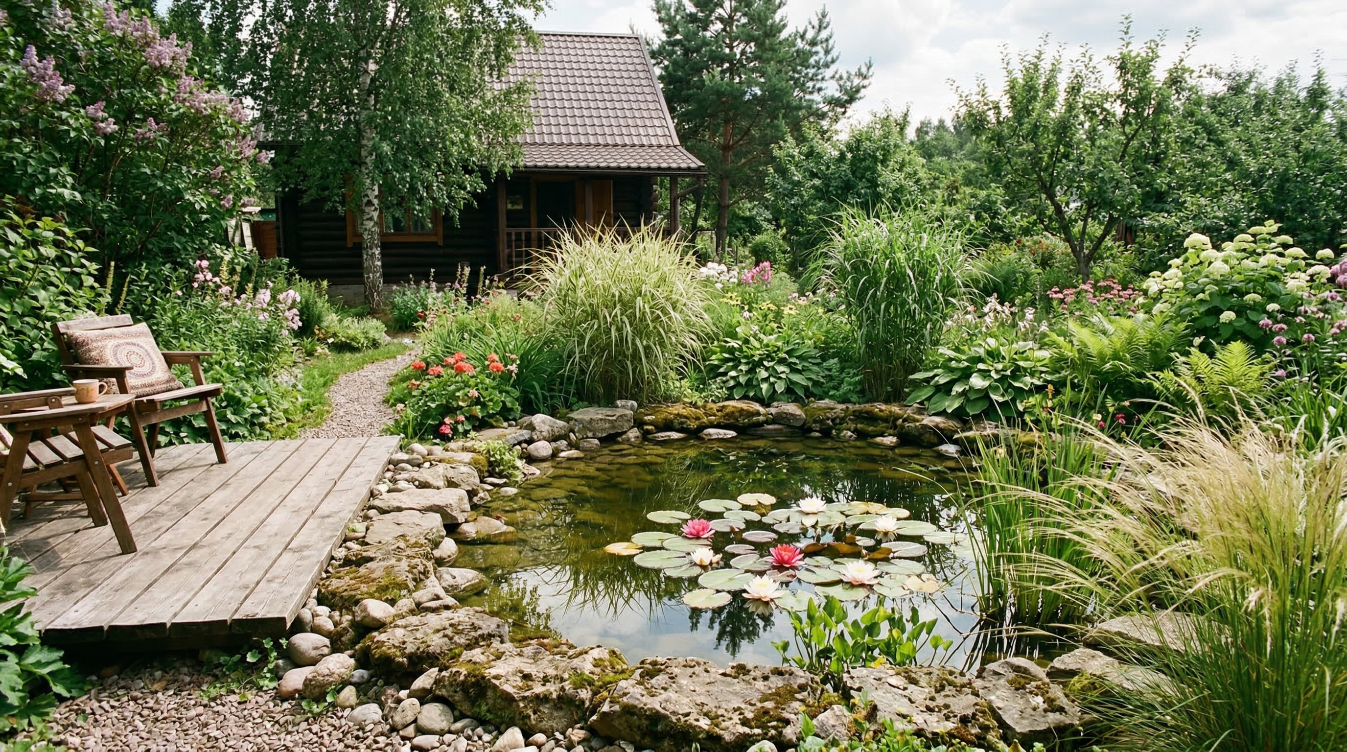 Декоративный пруд с кувшинками, каменными берегами и деревянным настилом