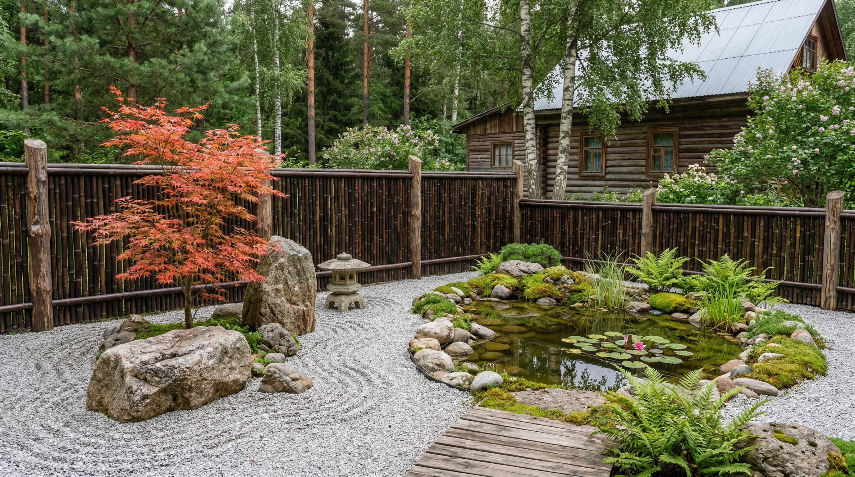 Японский сад — гравий с рисунком, камни, пруд с водными растениями, японский клён